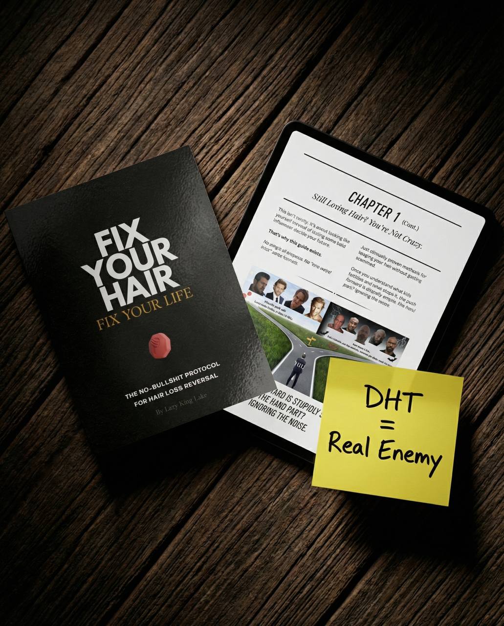 Fix Your Hair, Fix Your Life book beside a tablet showing the first chapter
