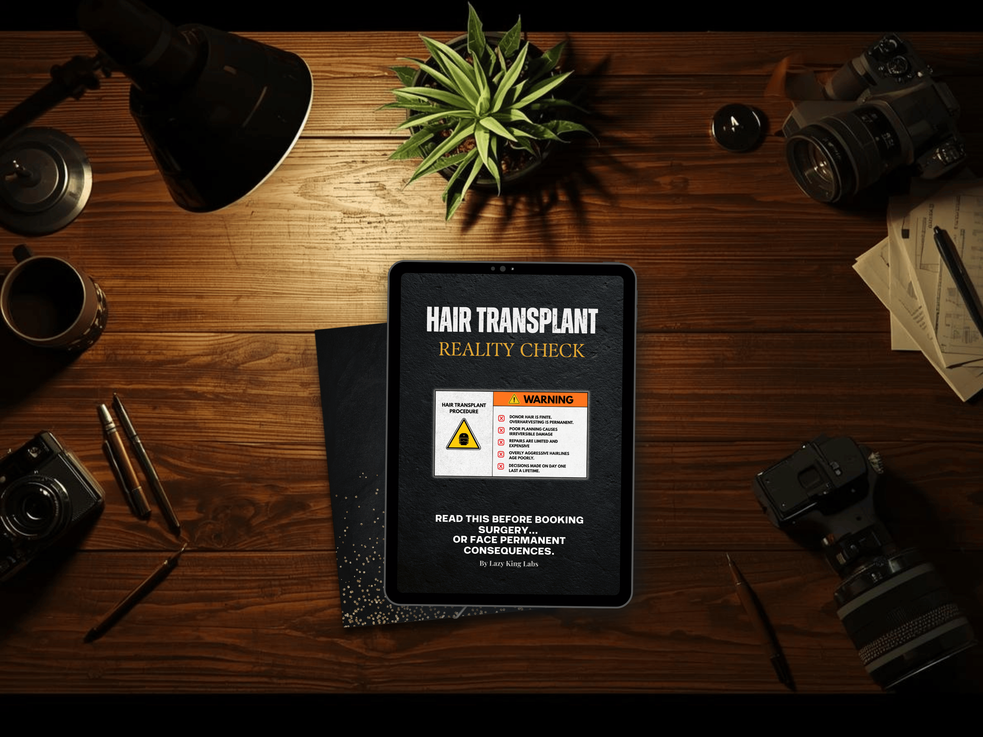 Hair Transplant Reality Check guide, shown on a tablet on a desk
